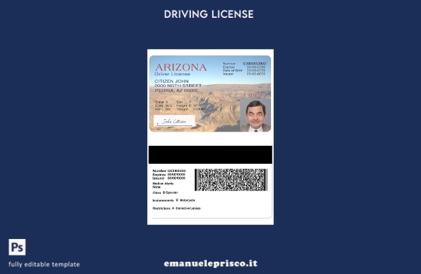 verified style modello di versione della patente di guida USA Arizona in stile verificato template